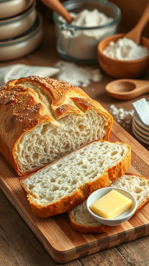 A golden brown loaf of freshly baked bread on a cutting board with butter.